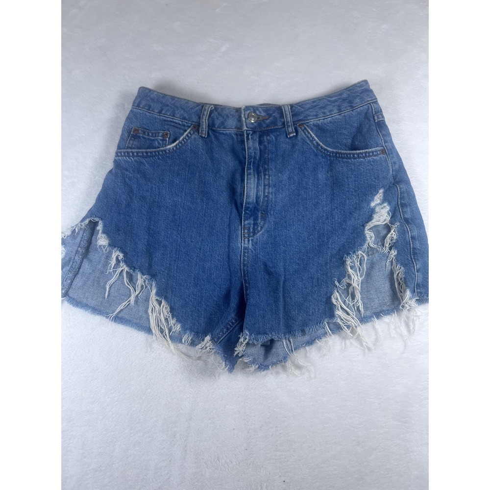 Topshop Denim Shorts Womens 8 Blue High Rise Distressed Cutoff Frayed Hem Summer